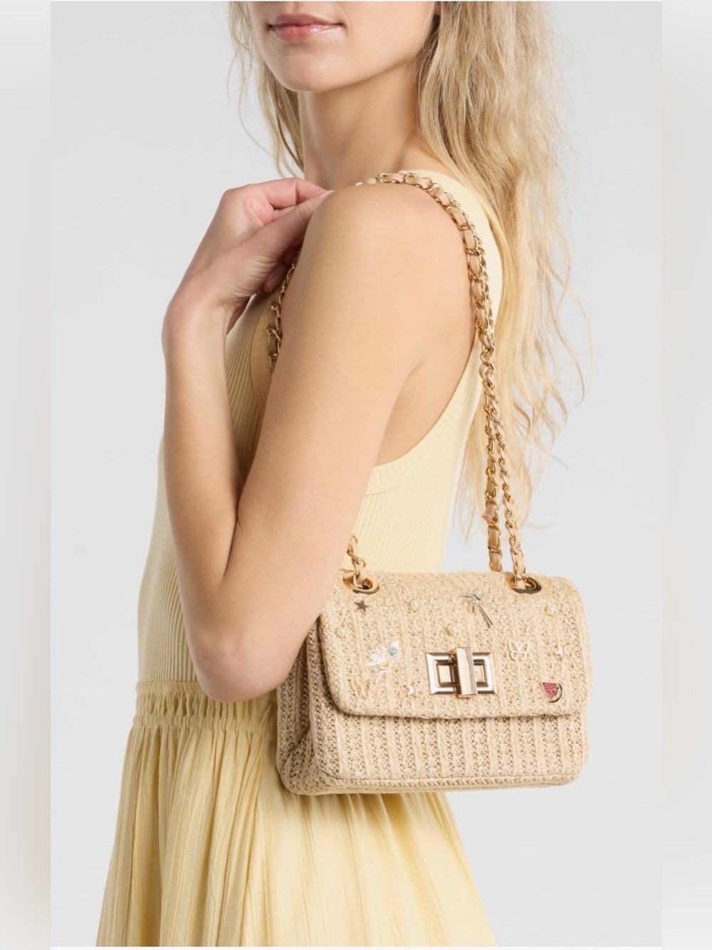 ALDO Charm Raffia Shoulder Bag with Gold Chain